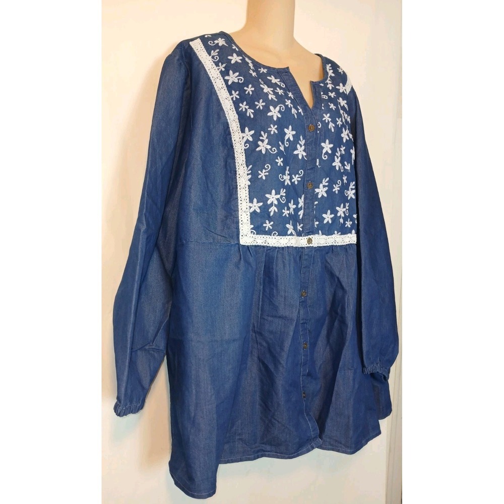 NEW Woman Within Maternity Jean Shirt Blouse Embroidered 100% Cotton SZ 3X  D142 - Picture 3 of 8